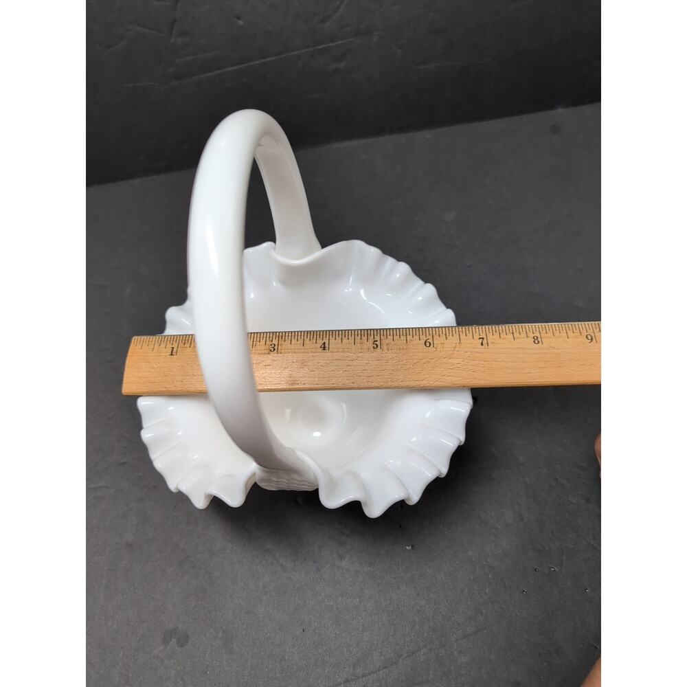 Vintage Fenton Art Glass Milk Glass Hobnail Crimped Basket Candy Dish Handle - Picture 5 of 6